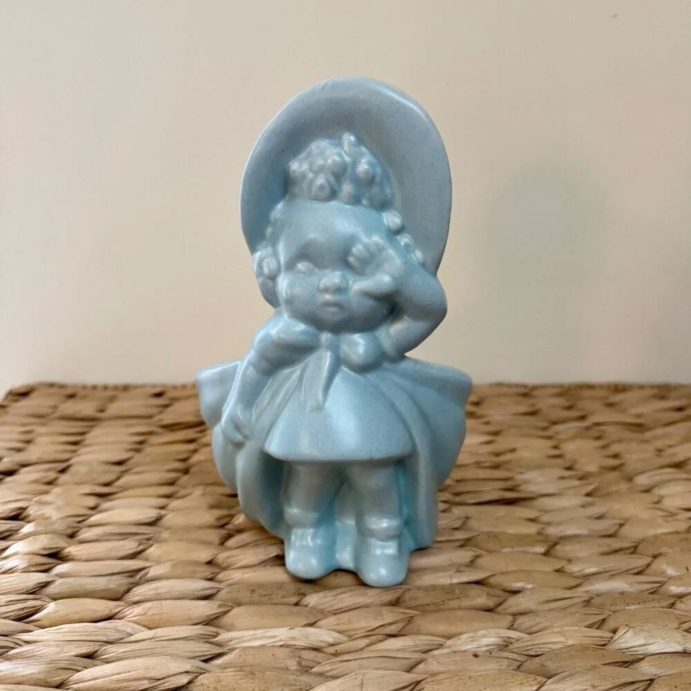 Vintage Haeger Pottery Crying Baby Girl with Bonnet Planter in Matte Blue
